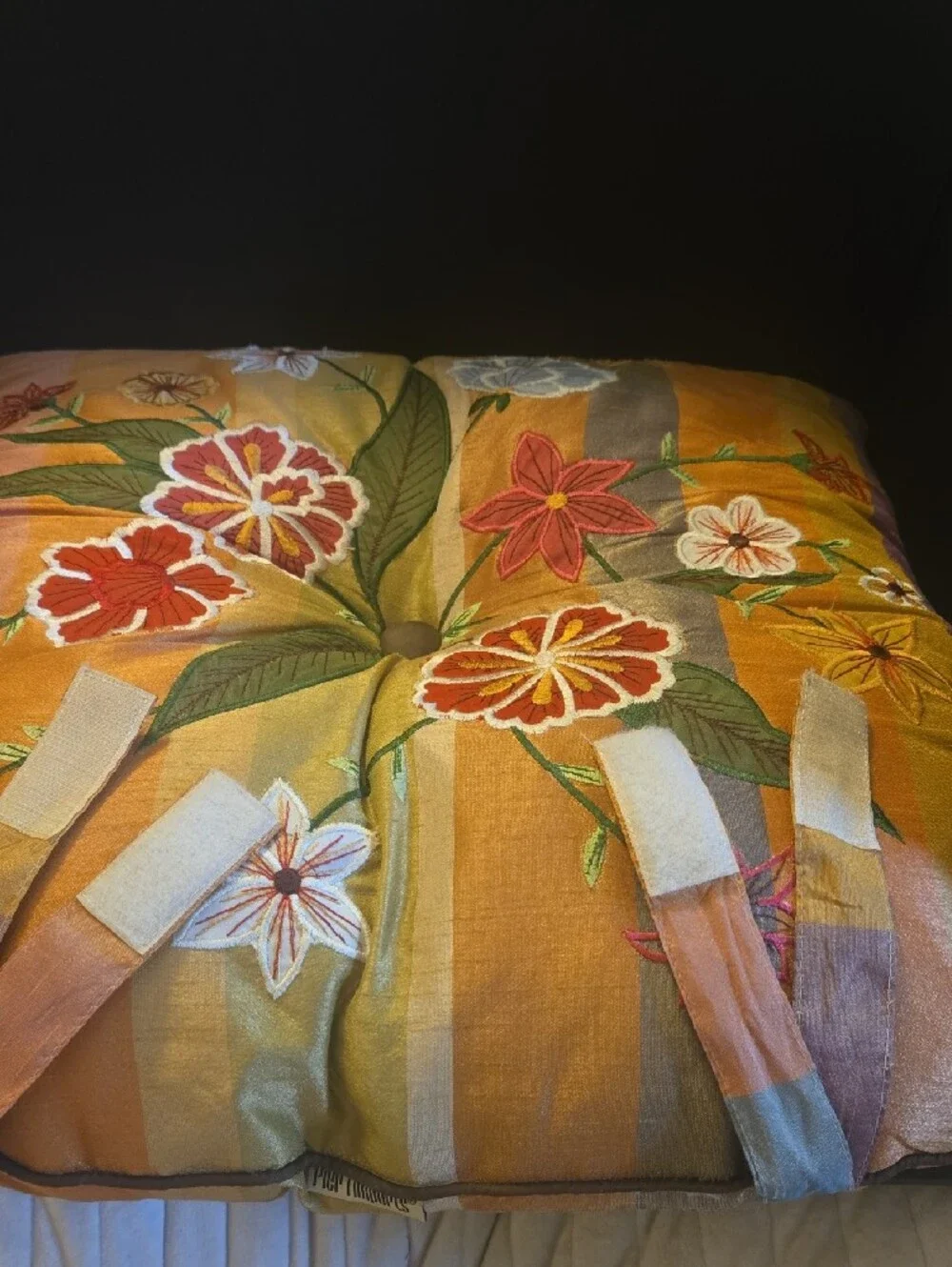 Pier 1 Embroidered Floral Accent Pillow in Gold and Orange. 100% Dupioni Silk.